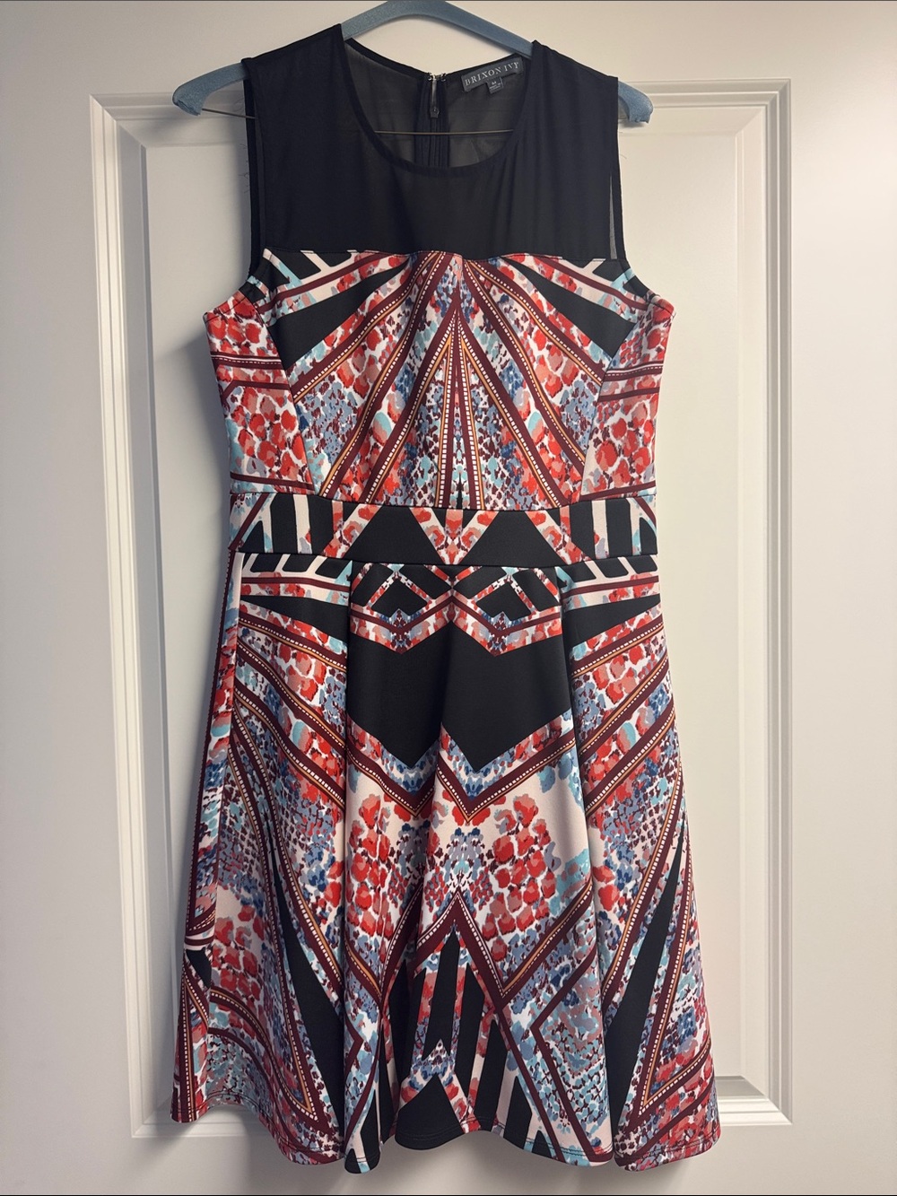 Brixon Ivy Black and Red Geometric Floral Fit-and-Flare Dress